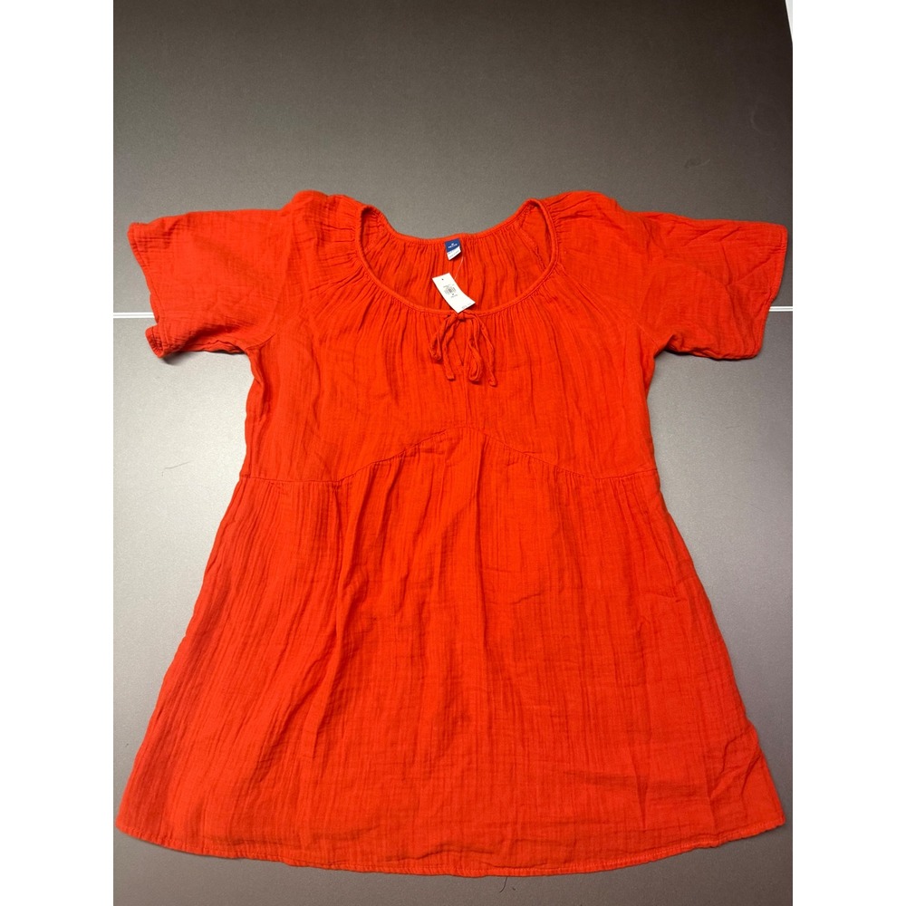 Old Navy Petite Orange Gauze Babydoll Top Short Sleeve Tie Neck Size M Petite